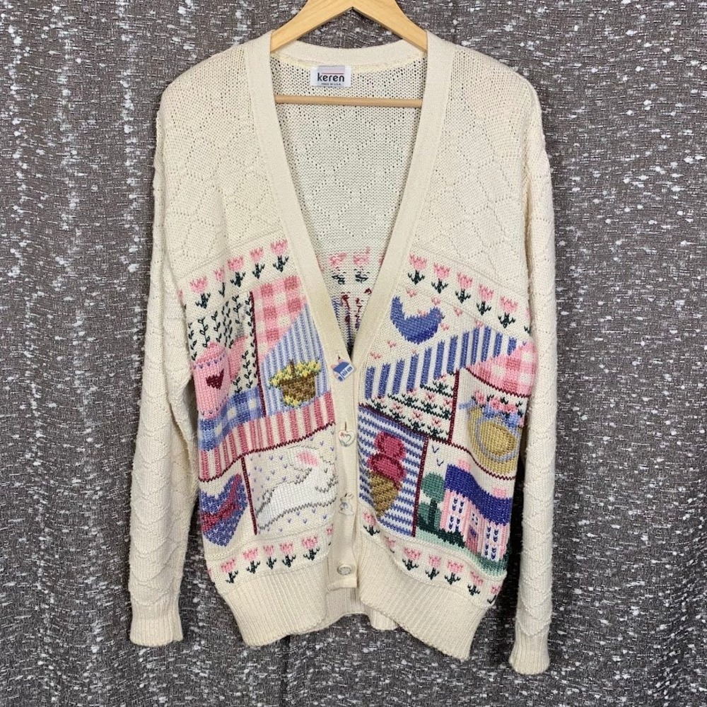 Vintage Keren Patchwork Cardigan Sweater Novelty Cottagecore Women's 32